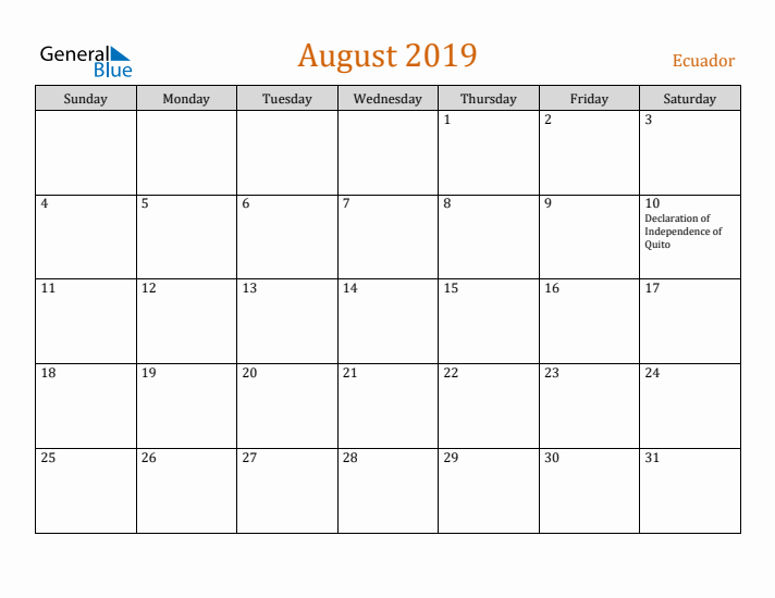 August 2019 Holiday Calendar with Sunday Start