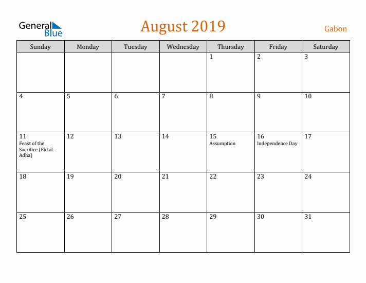 August 2019 Holiday Calendar with Sunday Start