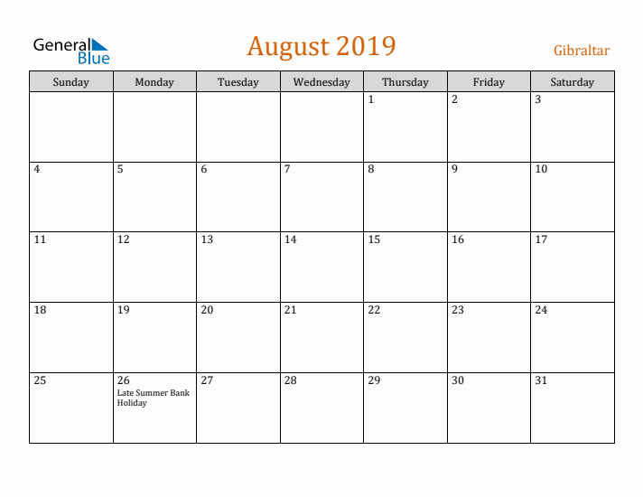 August 2019 Holiday Calendar with Sunday Start