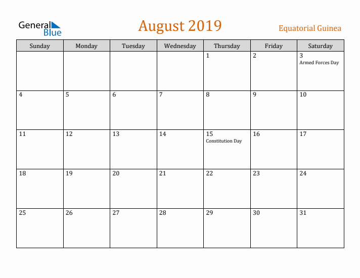 August 2019 Holiday Calendar with Sunday Start