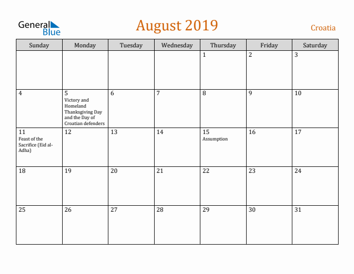 August 2019 Holiday Calendar with Sunday Start