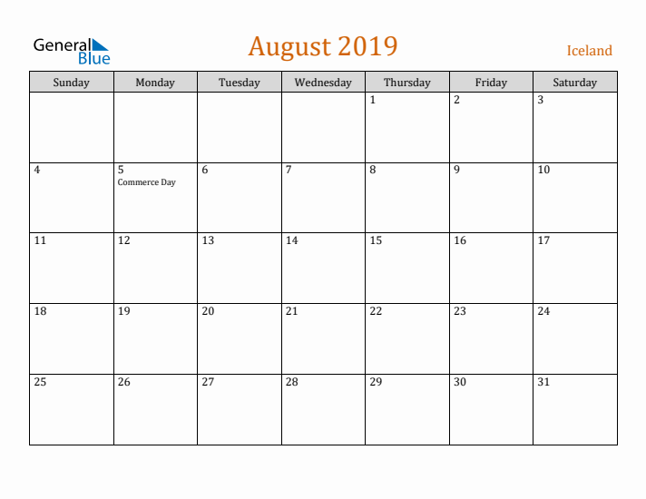 August 2019 Holiday Calendar with Sunday Start