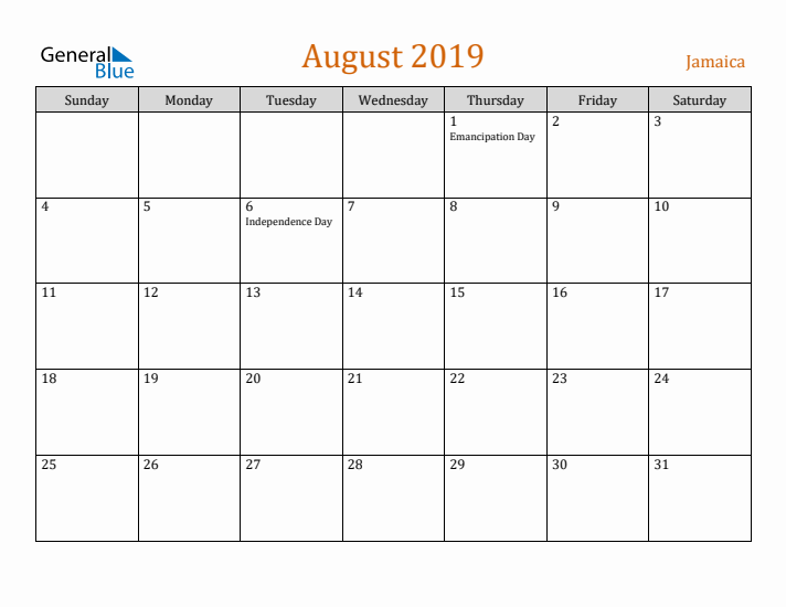 August 2019 Holiday Calendar with Sunday Start