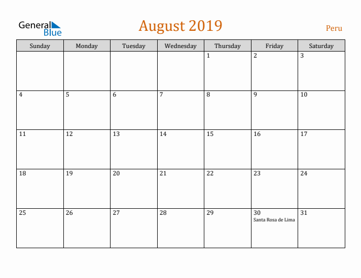 August 2019 Holiday Calendar with Sunday Start