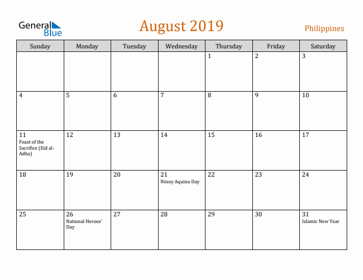 August 2019 Holiday Calendar with Sunday Start