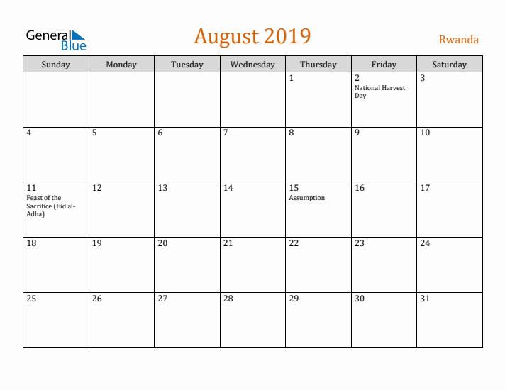 August 2019 Holiday Calendar with Sunday Start