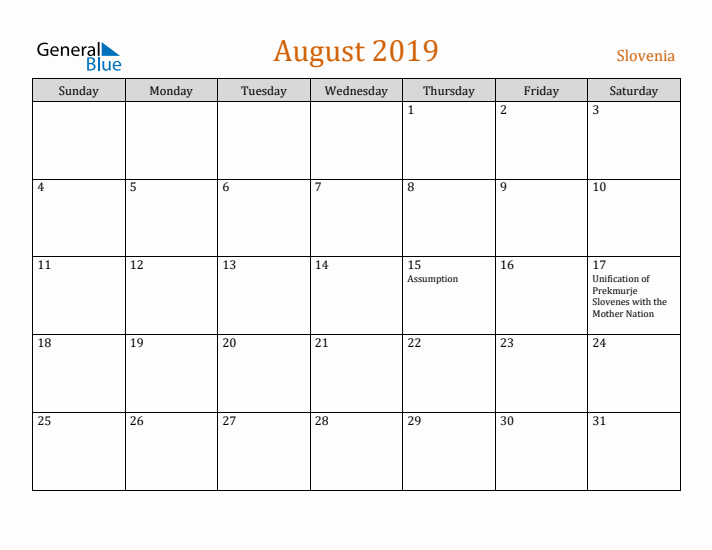 August 2019 Holiday Calendar with Sunday Start