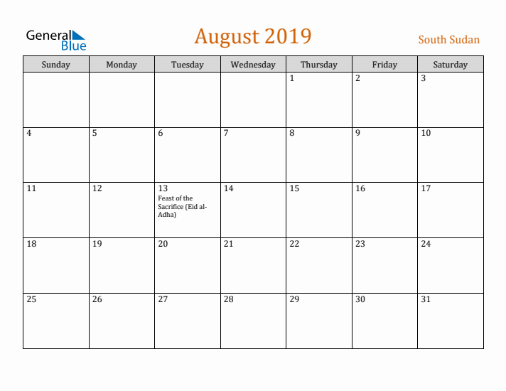 August 2019 Holiday Calendar with Sunday Start