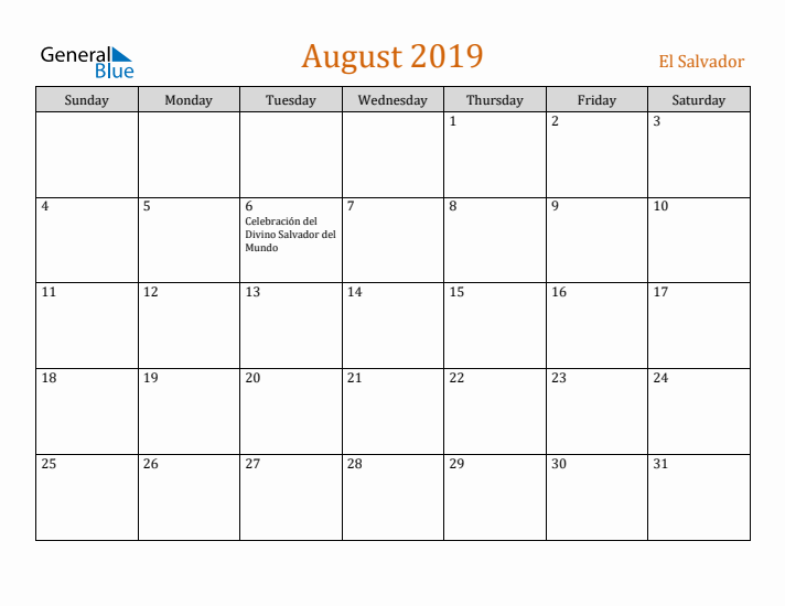 August 2019 Holiday Calendar with Sunday Start