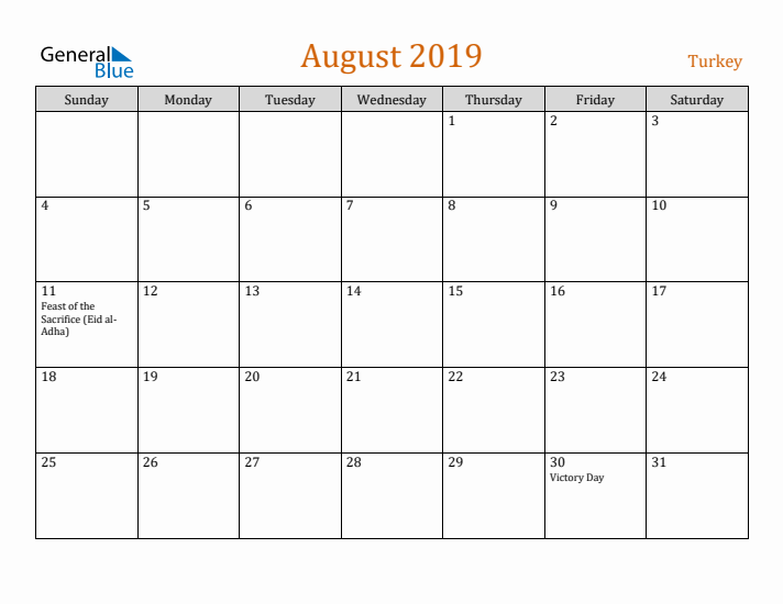 August 2019 Holiday Calendar with Sunday Start