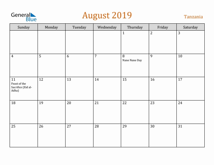 August 2019 Holiday Calendar with Sunday Start