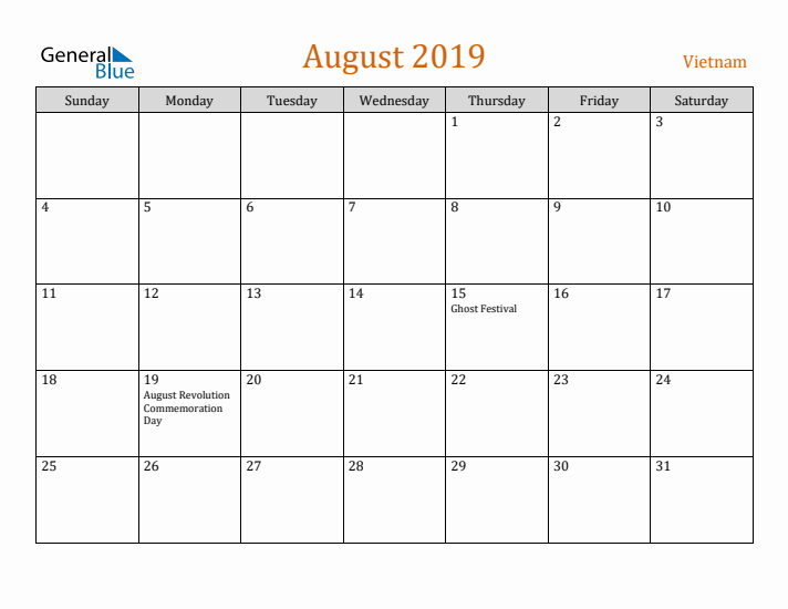 August 2019 Holiday Calendar with Sunday Start