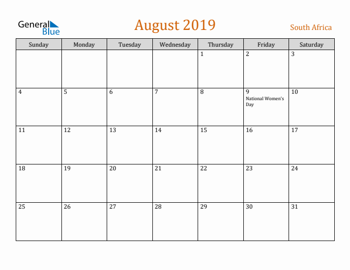 August 2019 Holiday Calendar with Sunday Start