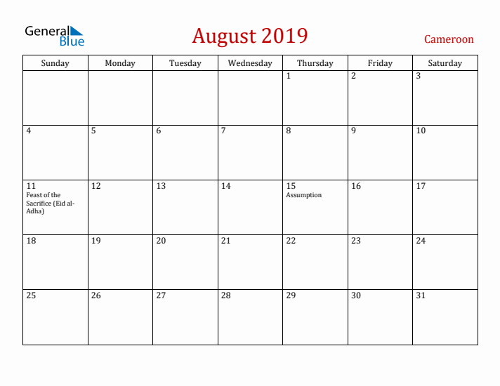 Cameroon August 2019 Calendar - Sunday Start