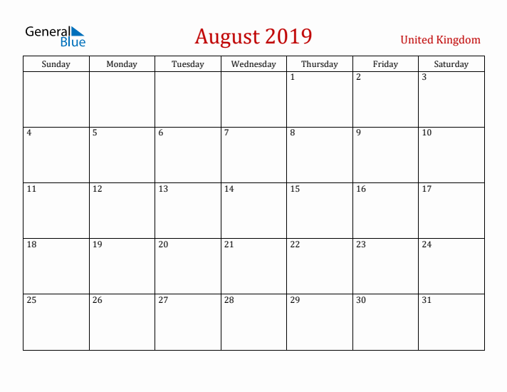 United Kingdom August 2019 Calendar - Sunday Start