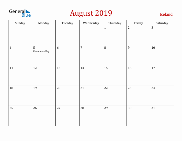 Iceland August 2019 Calendar - Sunday Start