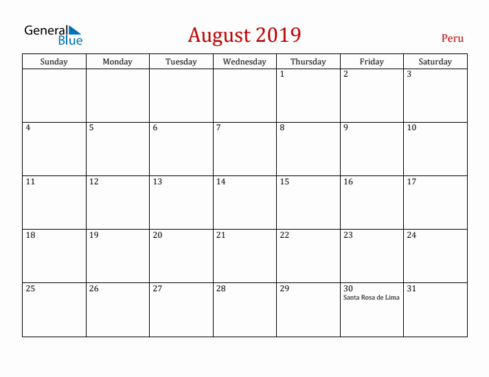 Peru August 2019 Calendar - Sunday Start