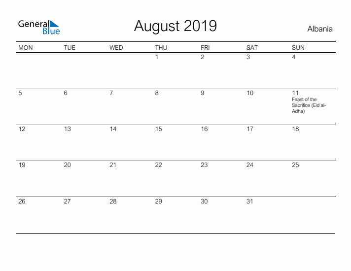 Printable August 2019 Calendar for Albania