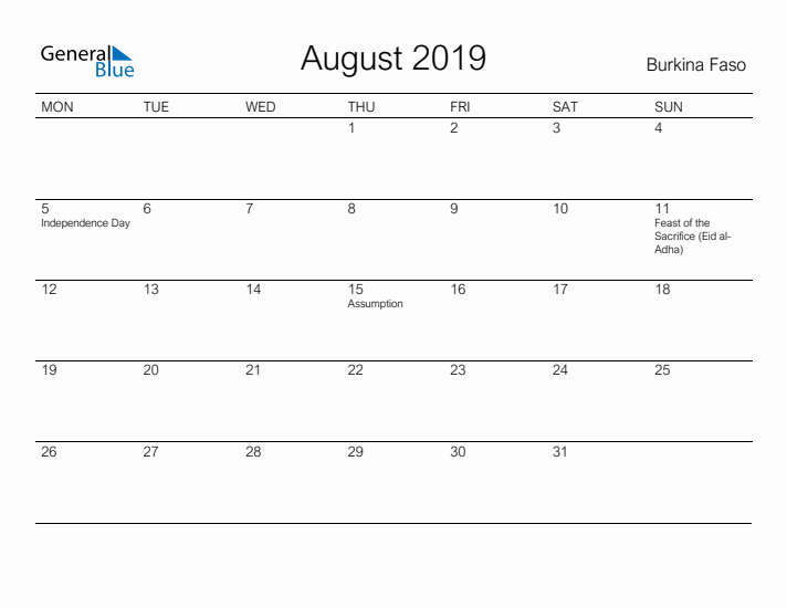 Printable August 2019 Calendar for Burkina Faso