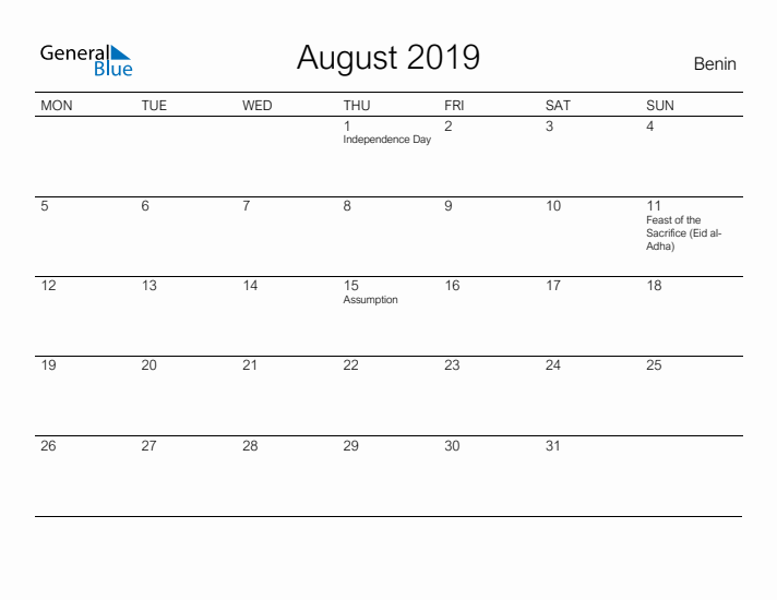 Printable August 2019 Calendar for Benin