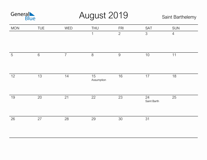 Printable August 2019 Calendar for Saint Barthelemy