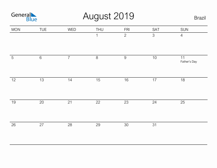 Printable August 2019 Calendar for Brazil