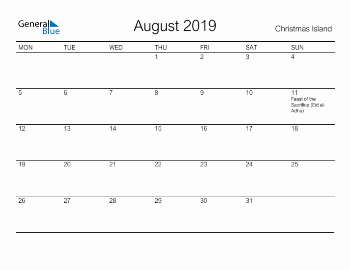 Printable August 2019 Calendar for Christmas Island