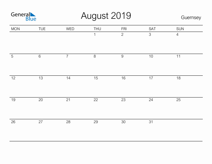 Printable August 2019 Calendar for Guernsey