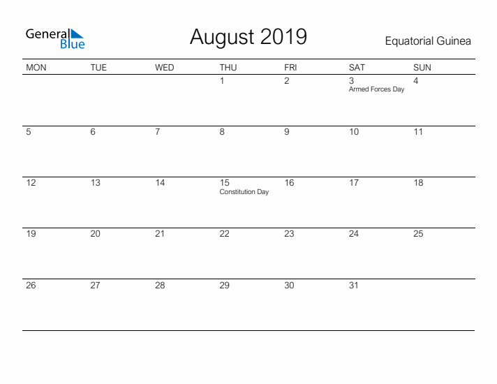 Printable August 2019 Calendar for Equatorial Guinea