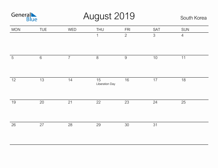 Printable August 2019 Calendar for South Korea