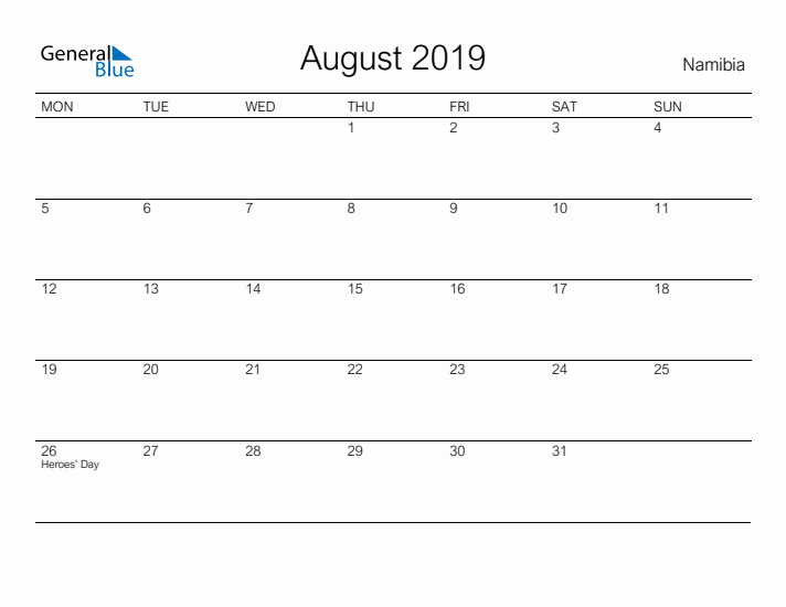 Printable August 2019 Calendar for Namibia