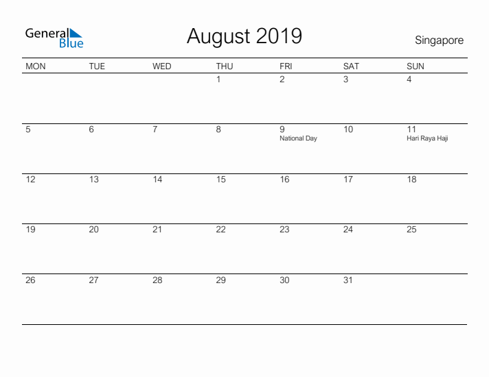 Printable August 2019 Calendar for Singapore