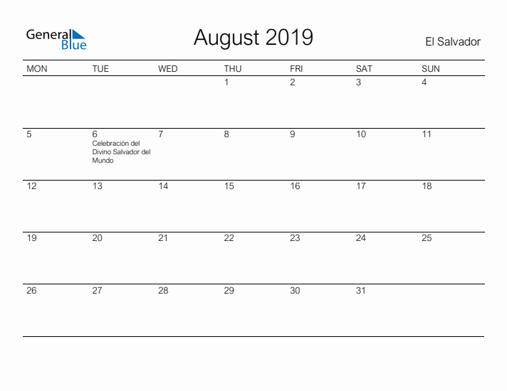 Printable August 2019 Calendar for El Salvador