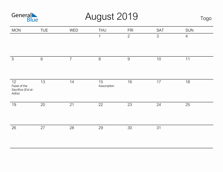 Printable August 2019 Calendar for Togo