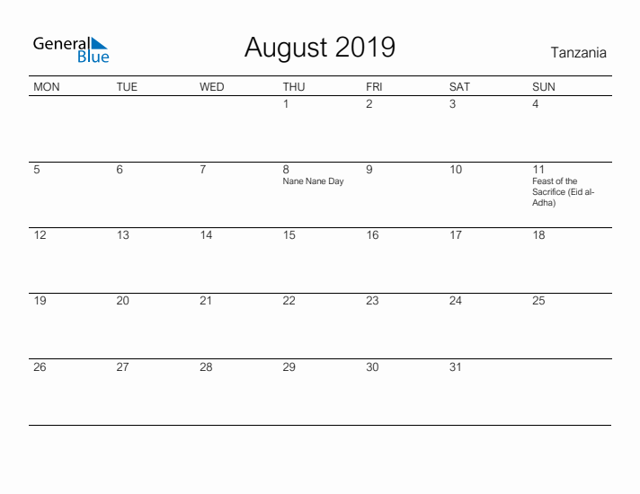 Printable August 2019 Calendar for Tanzania