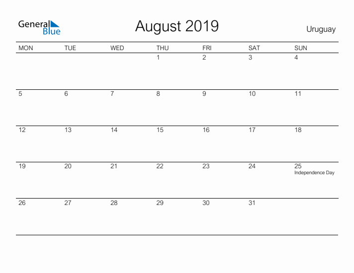 Printable August 2019 Calendar for Uruguay