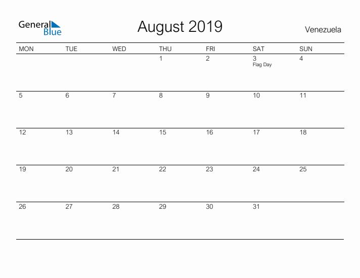 Printable August 2019 Calendar for Venezuela