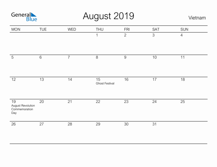 Printable August 2019 Calendar for Vietnam