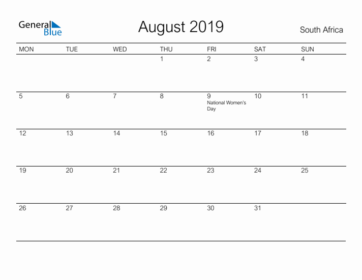 Printable August 2019 Calendar for South Africa