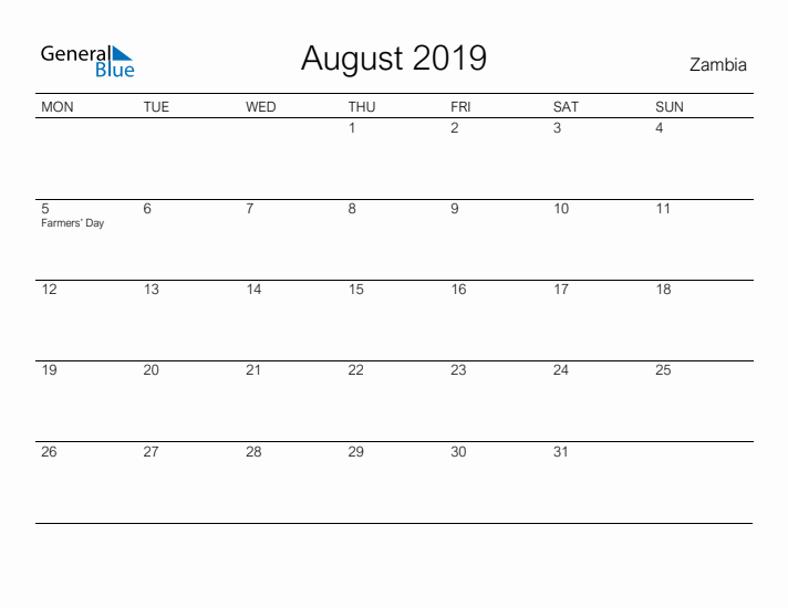 Printable August 2019 Calendar for Zambia