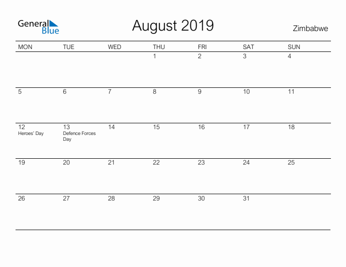 Printable August 2019 Calendar for Zimbabwe