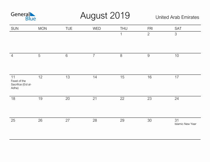 Printable August 2019 Calendar for United Arab Emirates