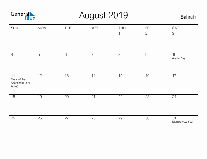 Printable August 2019 Calendar for Bahrain