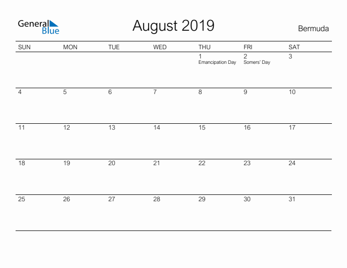 Printable August 2019 Calendar for Bermuda