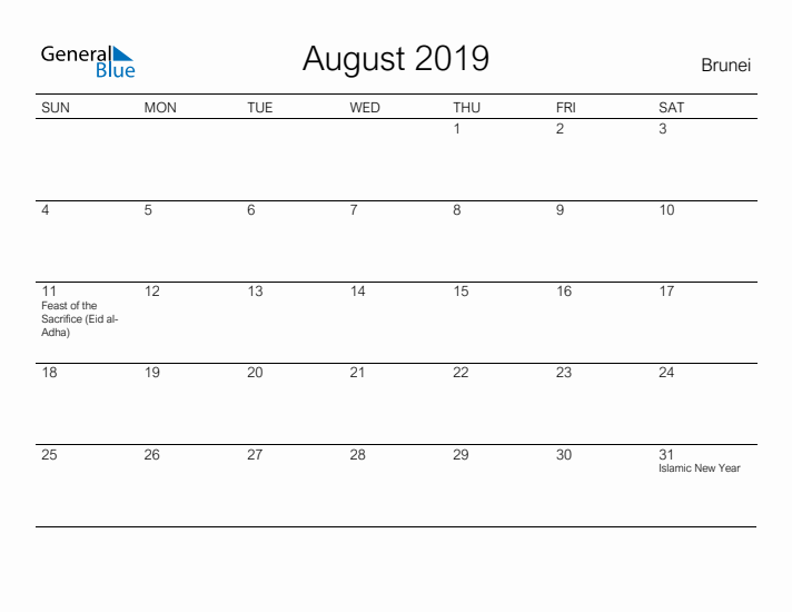 Printable August 2019 Calendar for Brunei