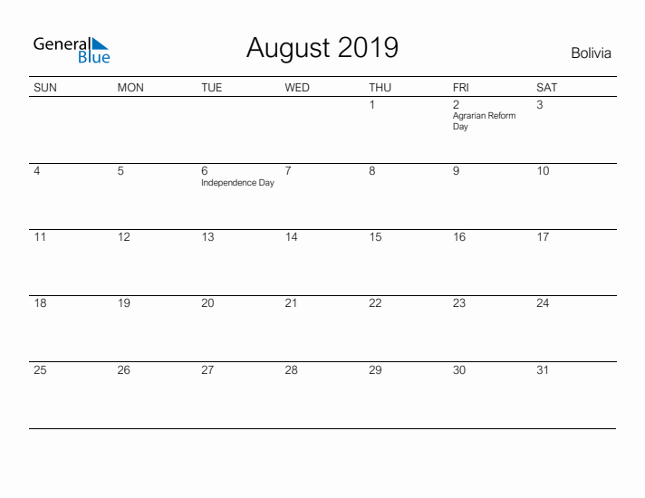 Printable August 2019 Calendar for Bolivia