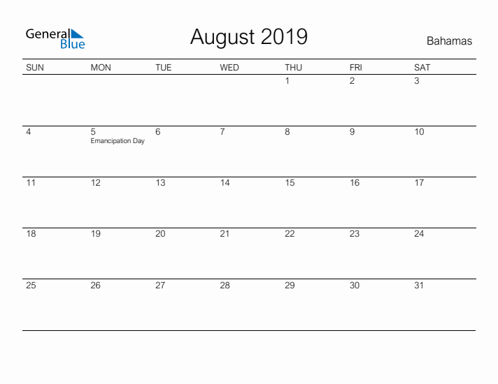 Printable August 2019 Calendar for Bahamas