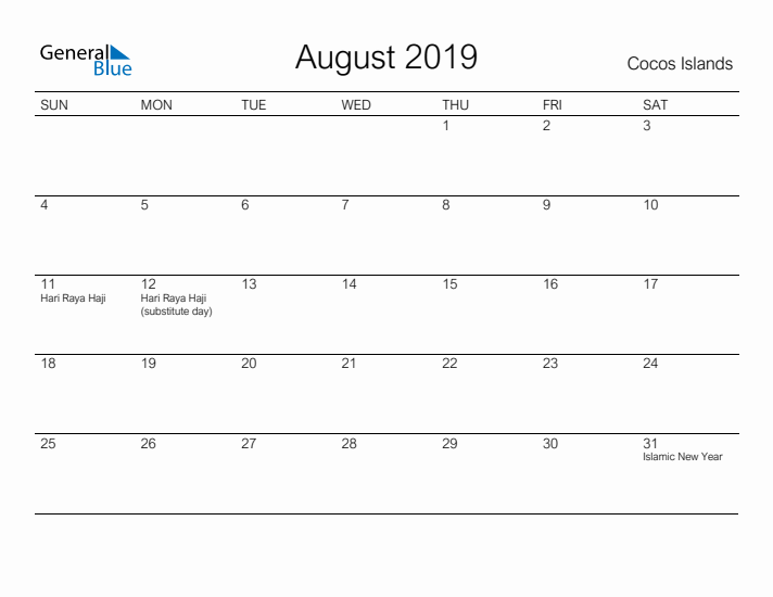 Printable August 2019 Calendar for Cocos Islands