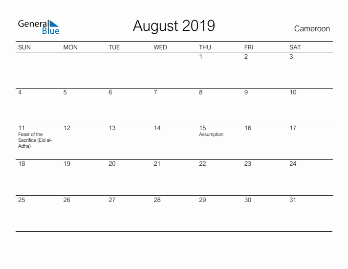 Printable August 2019 Calendar for Cameroon