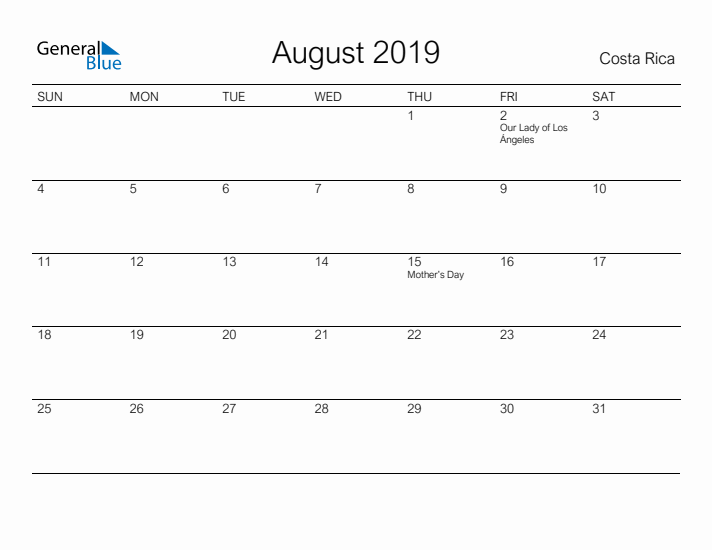 Printable August 2019 Calendar for Costa Rica